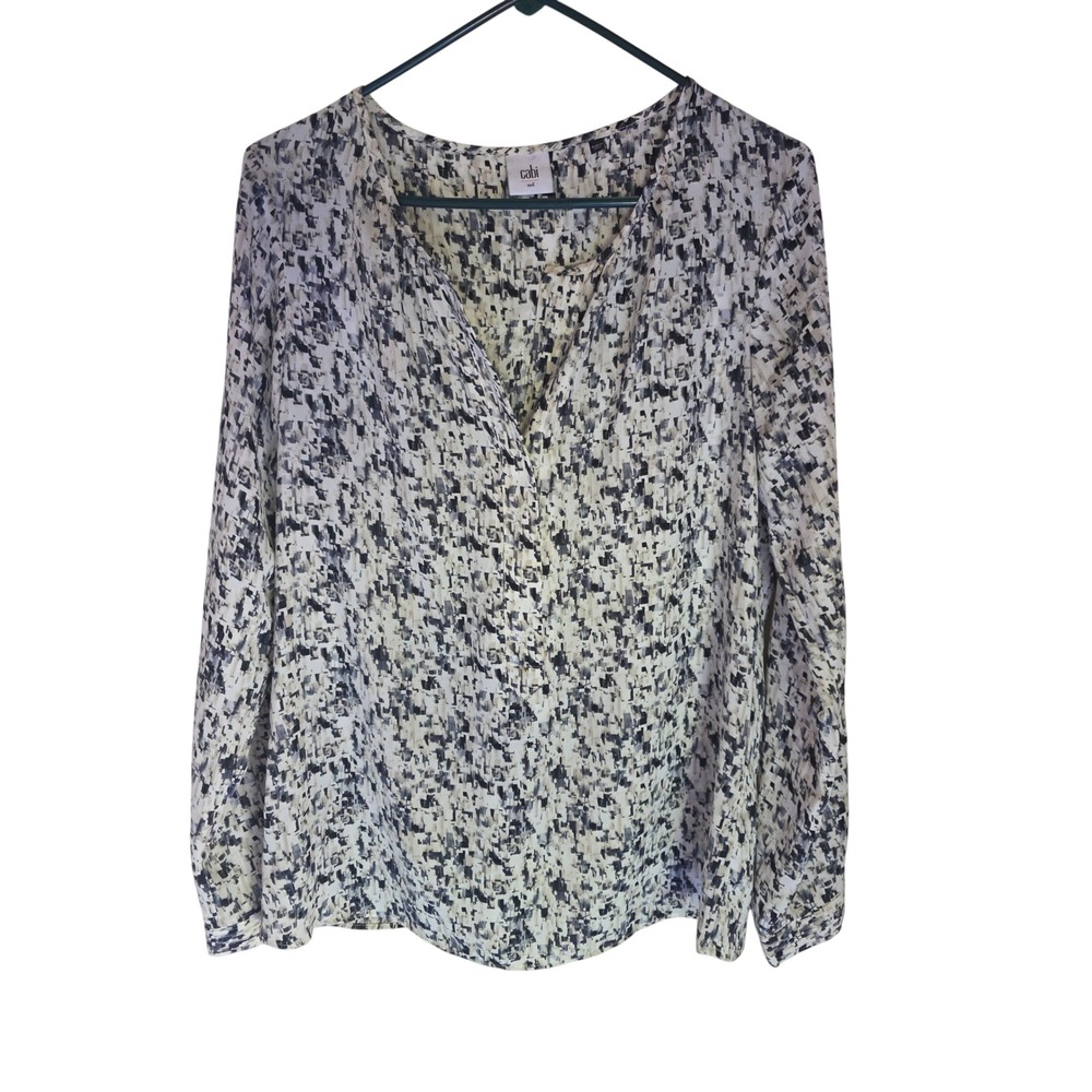 Cabi Womens Abstract Pixel Print V-Neck Long Sleeve Blouse Top Medium